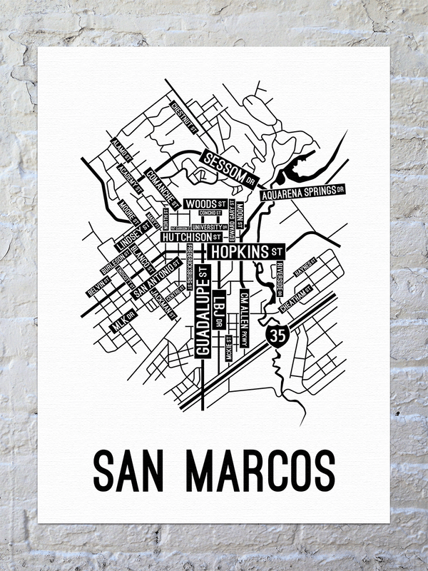 San Marcos Texas Street Map Canvas School Street Posters 7099