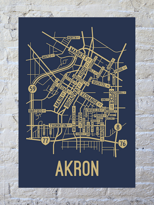 Akron, Ohio Street Map Screen Print