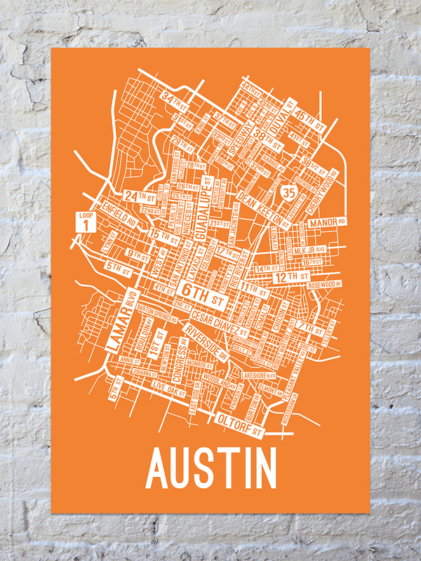 Austin, Texas Street Map Screen Print - School Street Posters