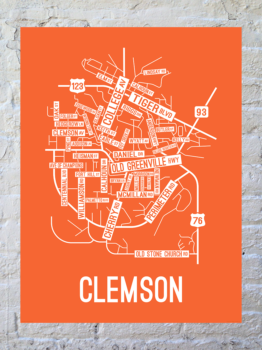 Clemson, South Carolina Street Map Poster
