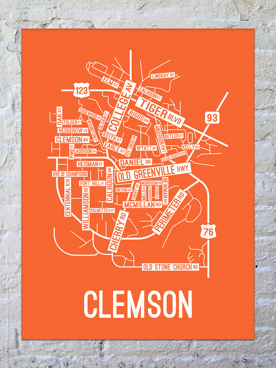 Clemson, South Carolina Street Map Canvas