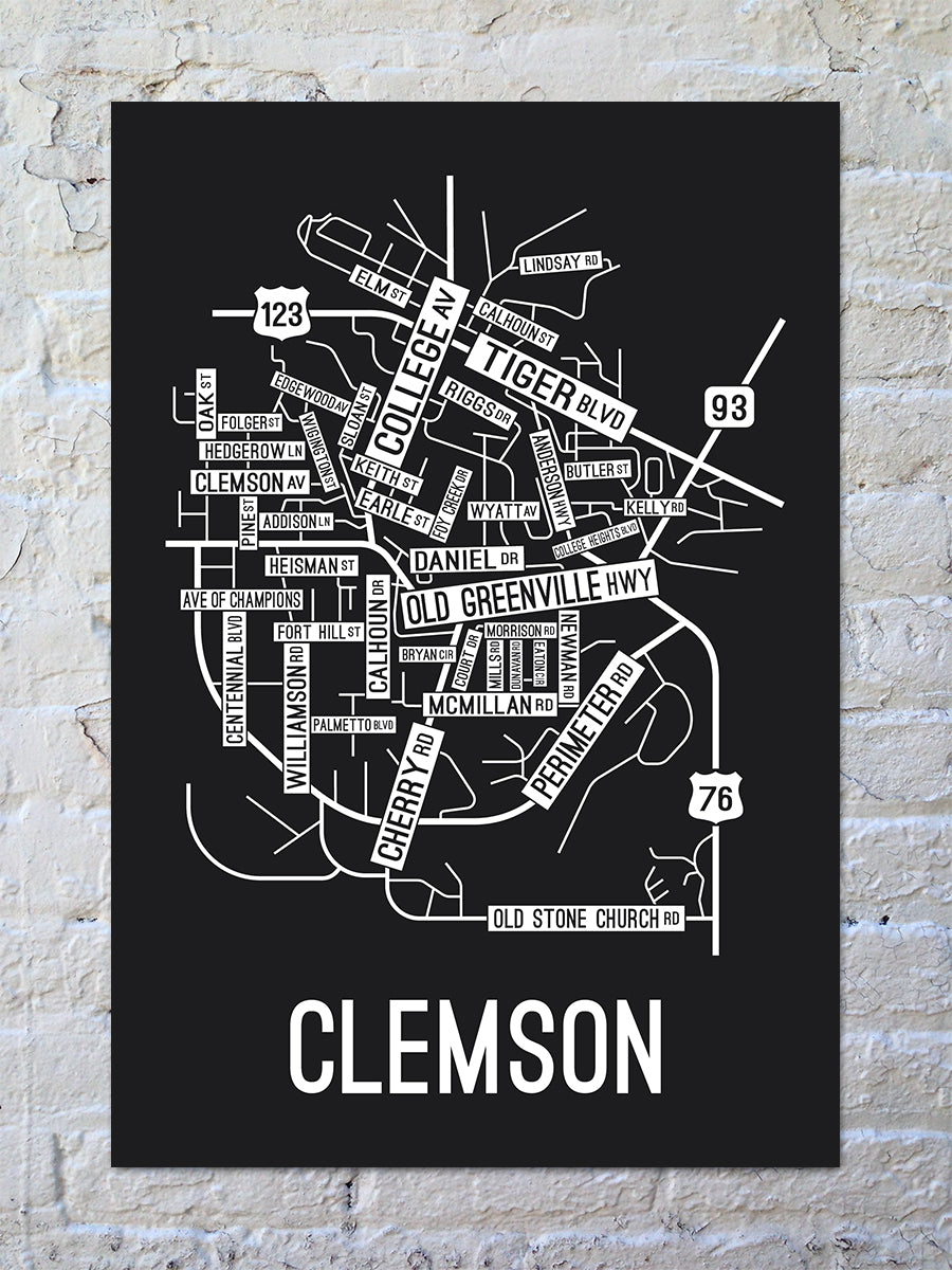 Clemson, South Carolina Street Map Screen Print