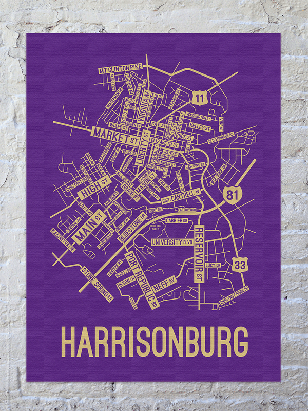 Harrisonburg, Virginia Street Map Canvas School Street Posters