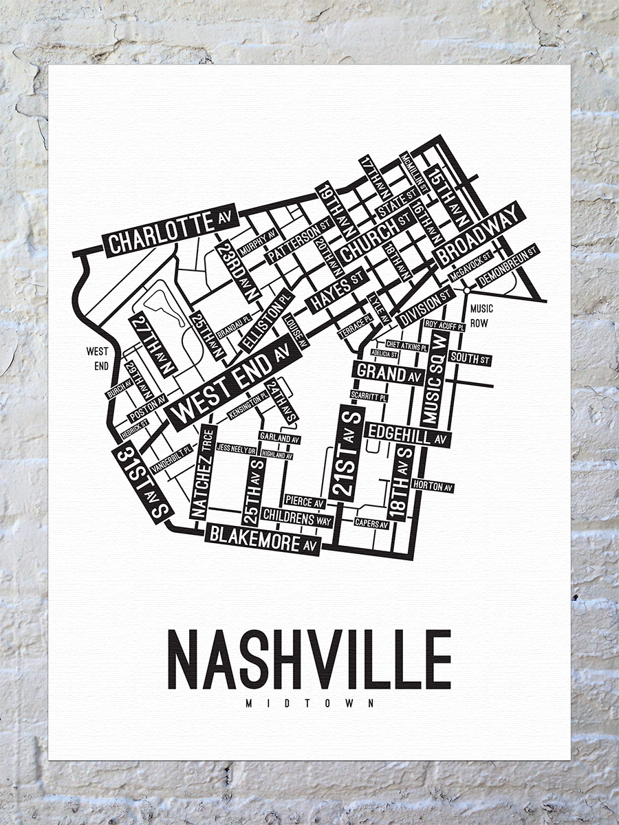 Nashville, Midtown Street Map Canvas