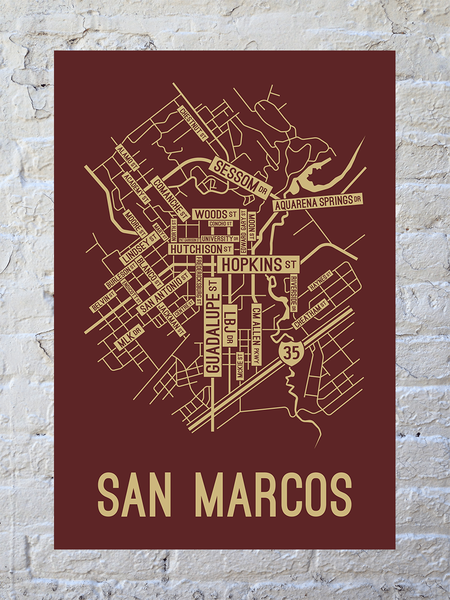 San Marcos, Texas Street Map Poster