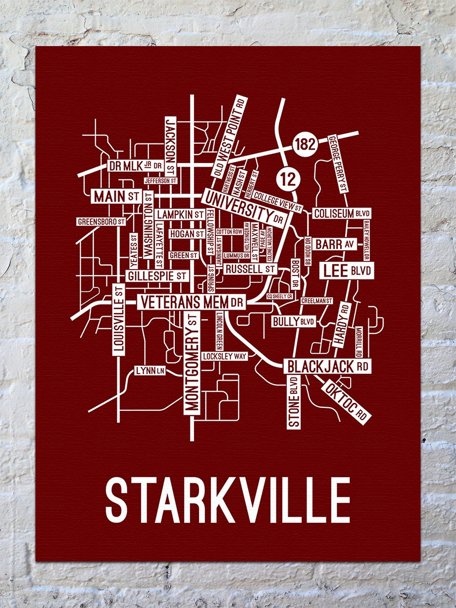 Starkville, Mississippi Street Map Canvas