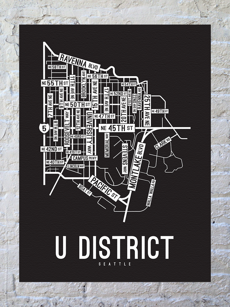 U District, Seattle, Washington Street Map Canvas