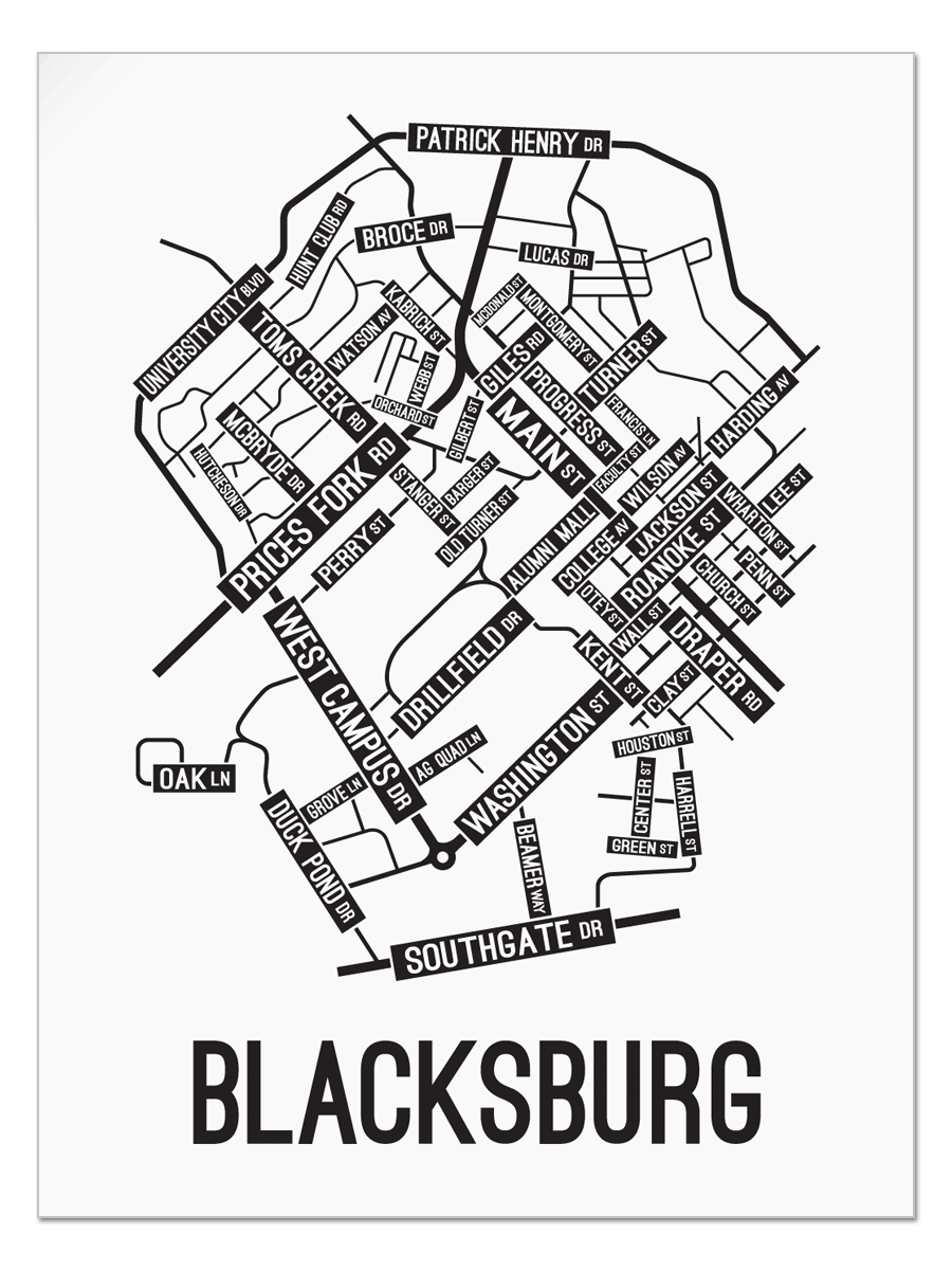 Blacksburg, Virginia Street Map Print | School Street Posters
