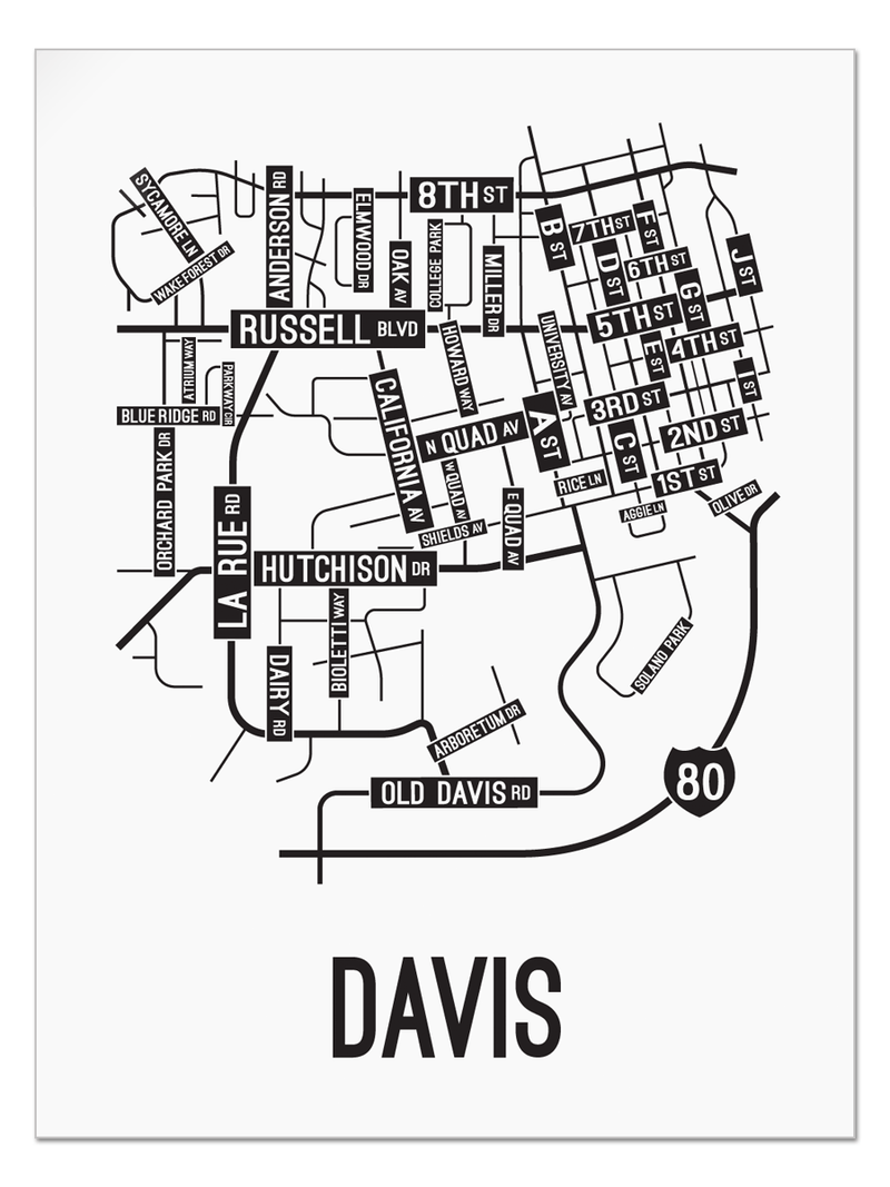 Davis, California Street Map - School Street Posters