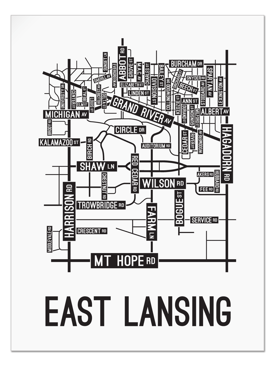 East Lansing, Michigan Street Map Print | School Street Posters