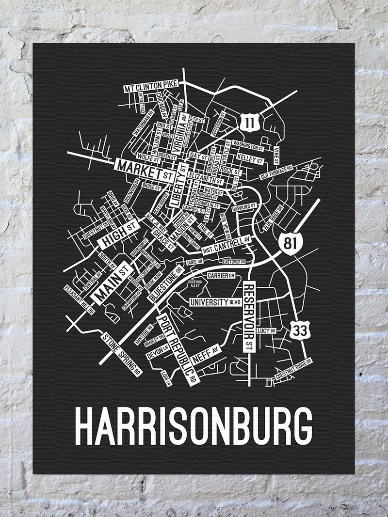 Harrisonburg, Virginia Street Map Canvas School Street Posters