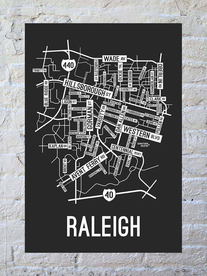 Raleigh, North Carolina Street Map Screen Print - School Street Posters