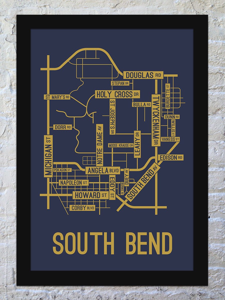South Bend, Indiana Street Map Screen Print