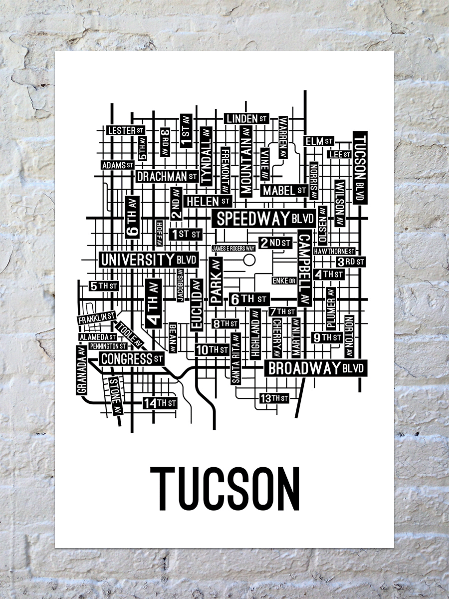Tucson, Arizona Street Map Screen Print - School Street Posters