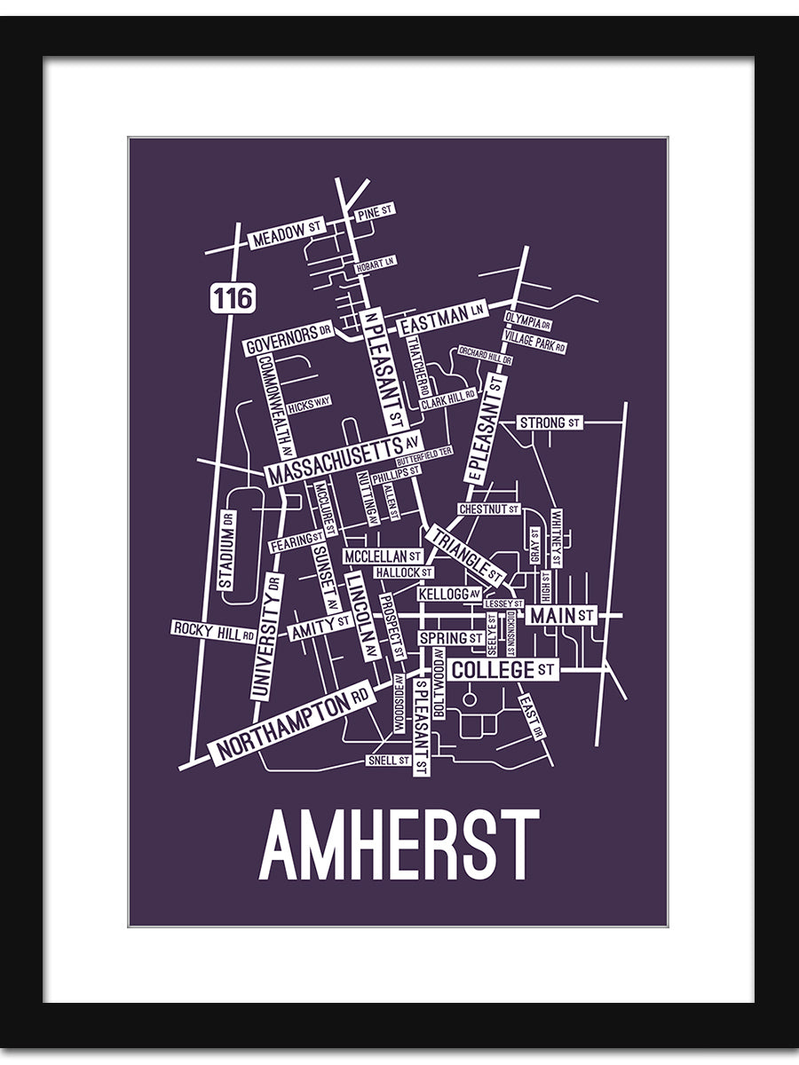 Amherst Massachusetts Street Map Print School Street Posters   1824 Amherst Massachusetts Street Map Print Purple 1600x 