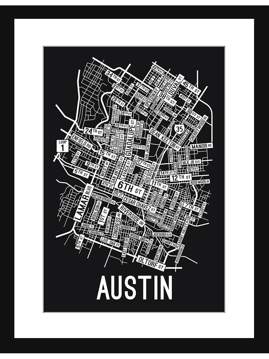 Austin, Texas Street Map Screen Print - School Street Posters