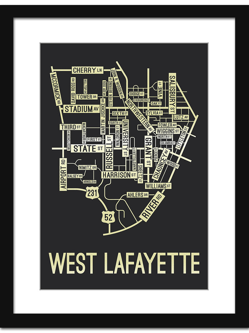 West Lafayette, Indiana Street Map Screen Print School Street Posters