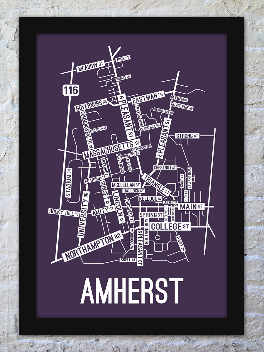 Amherst Massachusetts Street Map Print School Street Posters   Amherst Massachusetts Street Map Print Purple Frame 1600x 