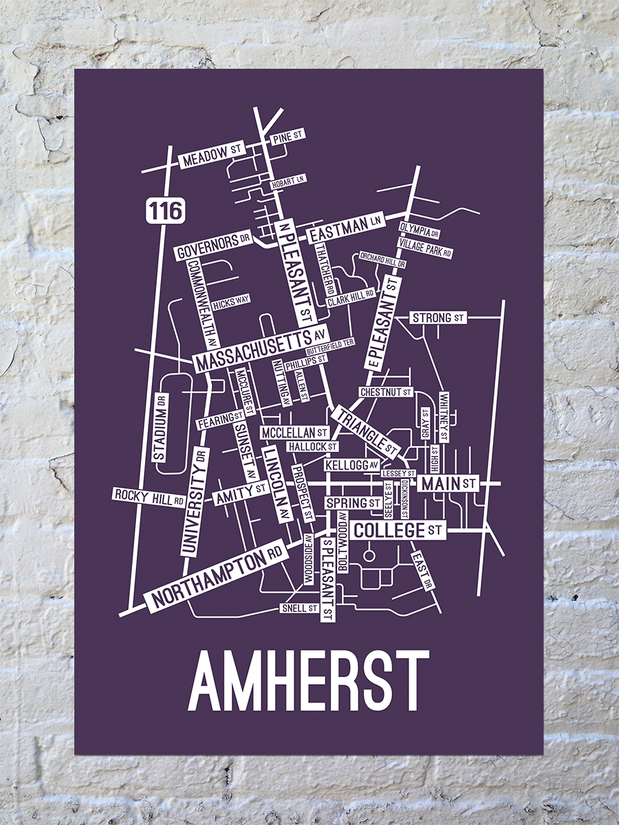 Amherst Massachusetts Street Map Print School Street Posters   Amherst Massachusetts Street Map Print Purple 1000x 