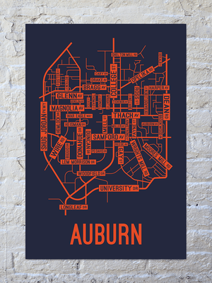 Auburn, Alabama Street Map Screen Print