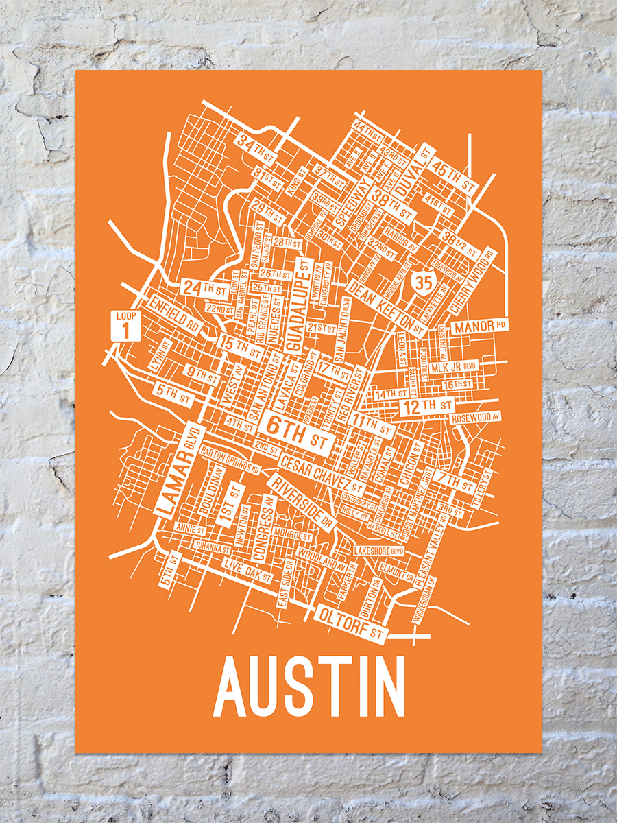 Austin, Texas Street Map Screen Print - School Street Posters