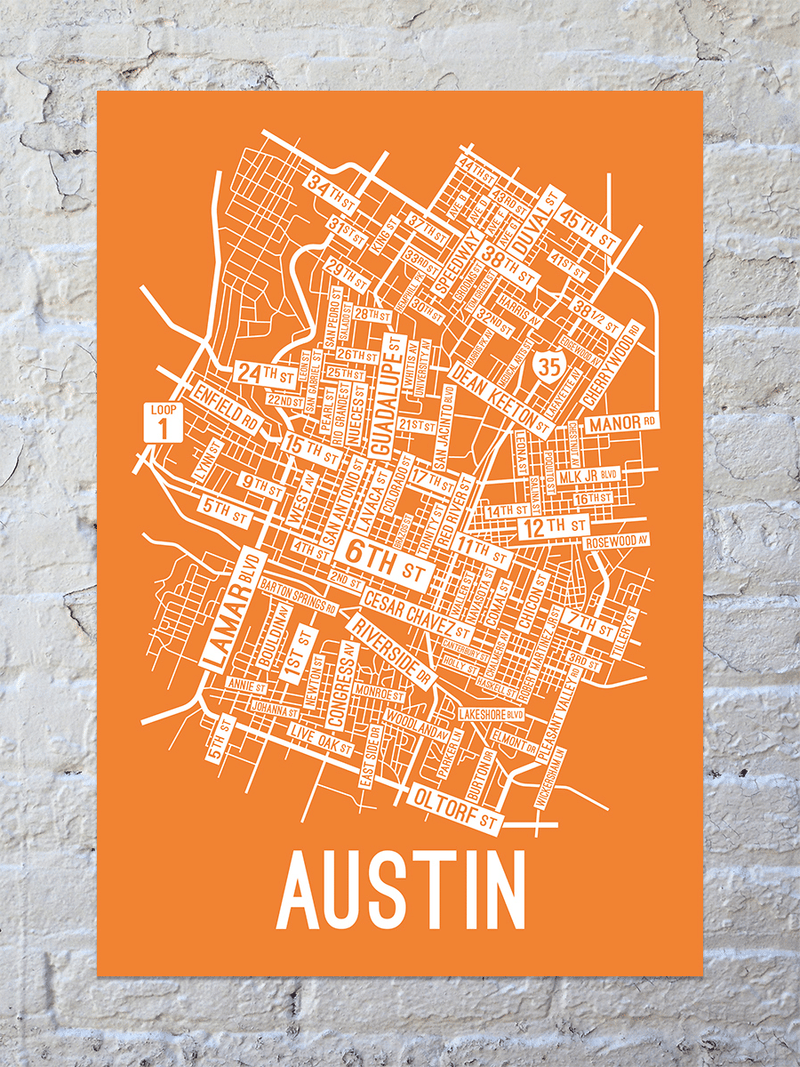 Austin, Texas Street Map Screen Print - School Street Posters