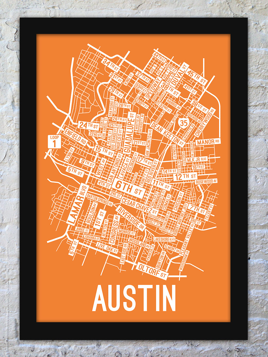 Austin, Texas Street Map Screen Print - School Street Posters