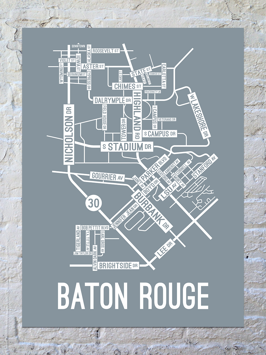 Baton Rouge, Louisiana Street Map Screen Print - School Street Posters