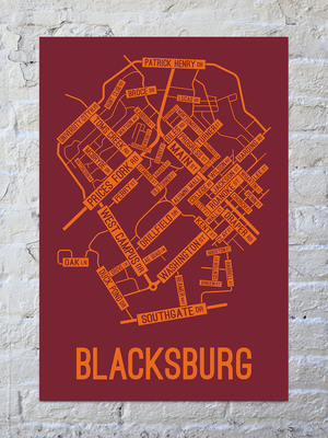 Blacksburg, Virginia Street Map Screen Print