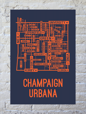 Champaign Urbana, Illinois Street Map Screen Print