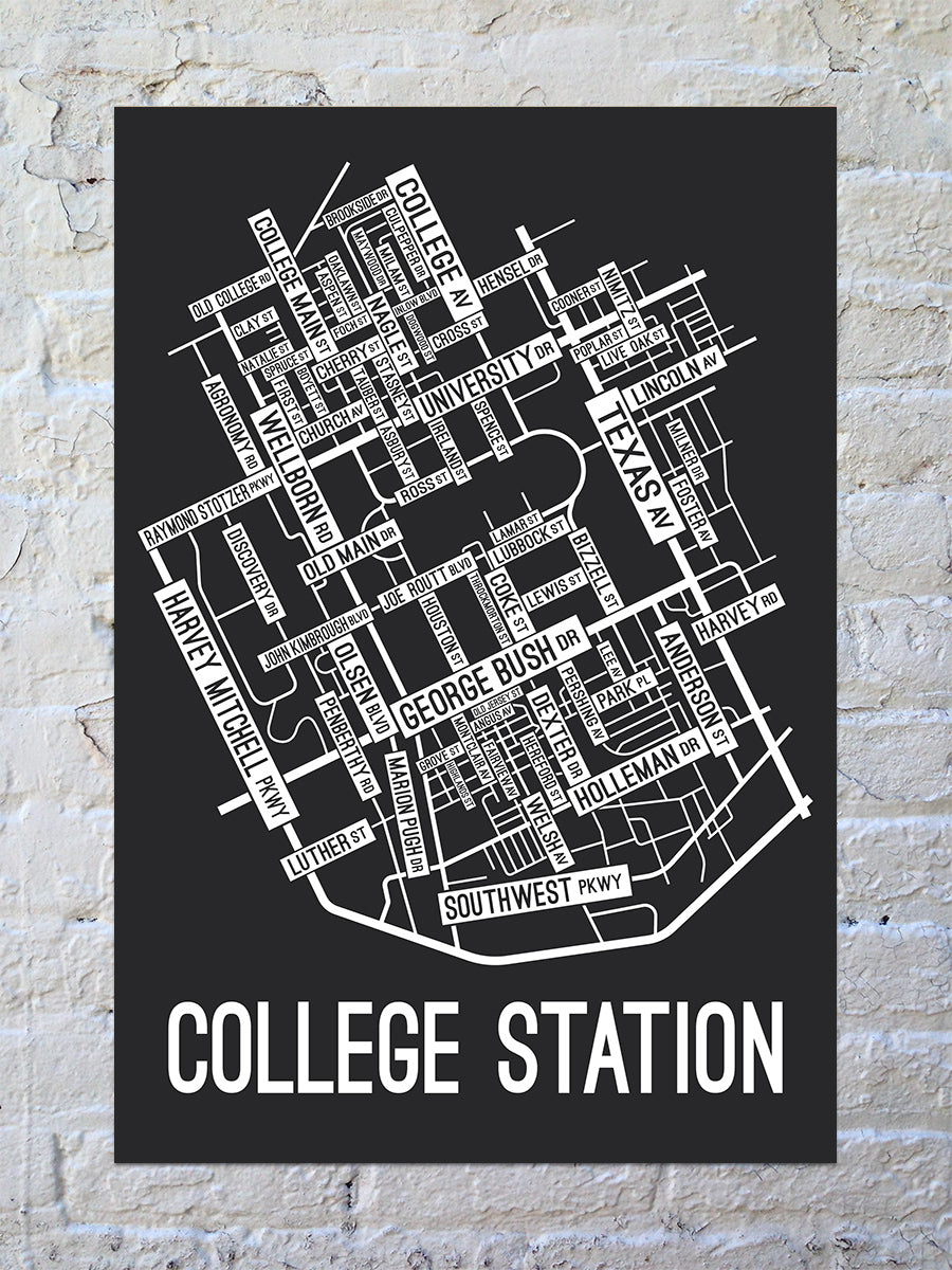 College Station, Texas Street Map Screen Print