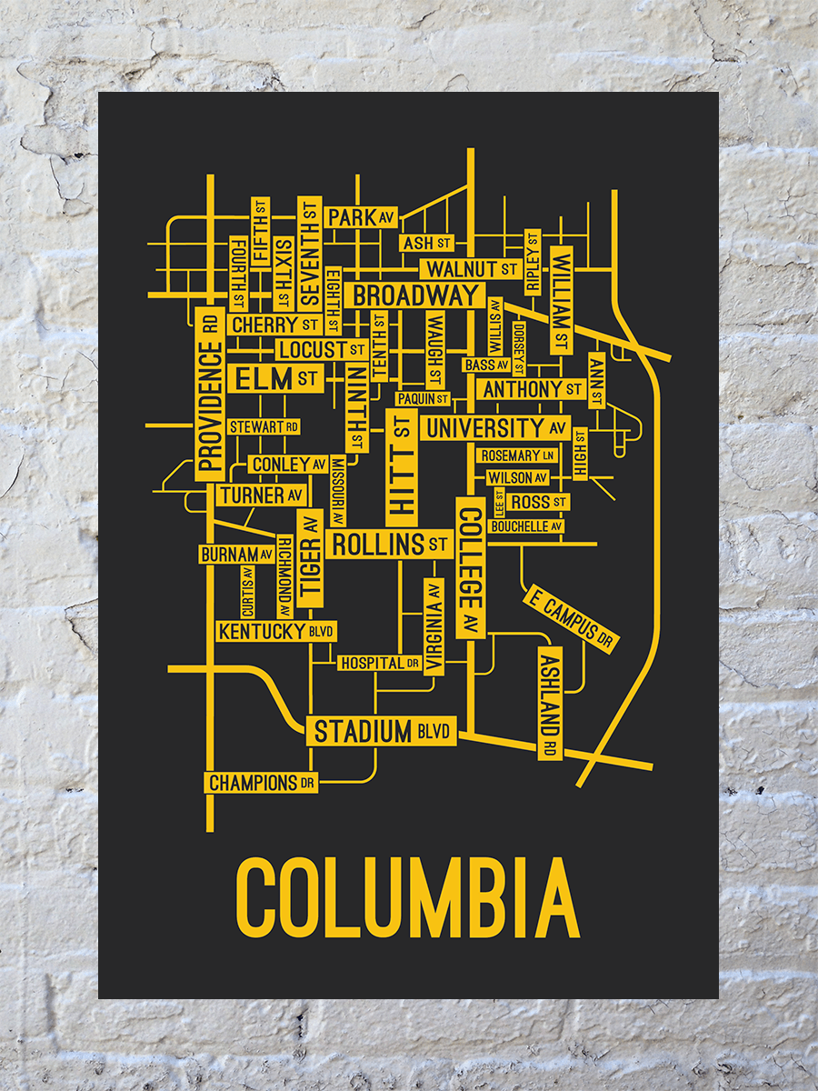 Columbia, Missouri Street Map Screen Print - School Street Posters