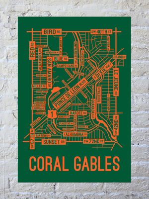 Coral Gables, Florida Street Map Screen Print