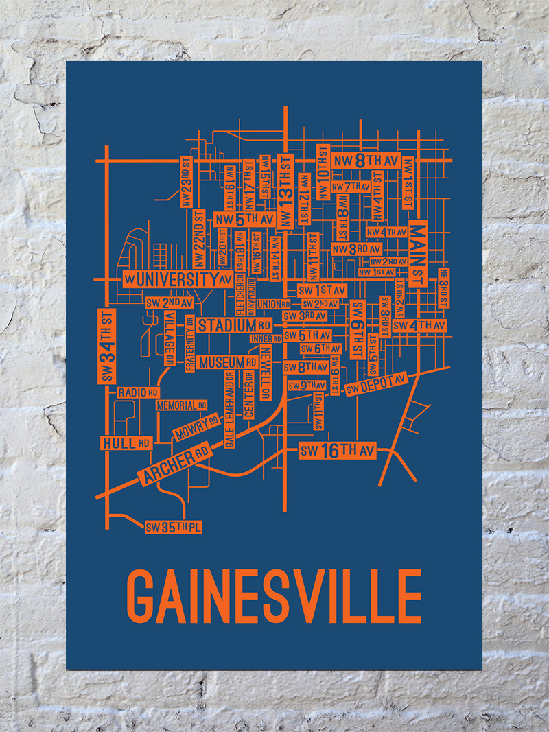 Gainesville, Florida Street Map Screen Print School Street Posters