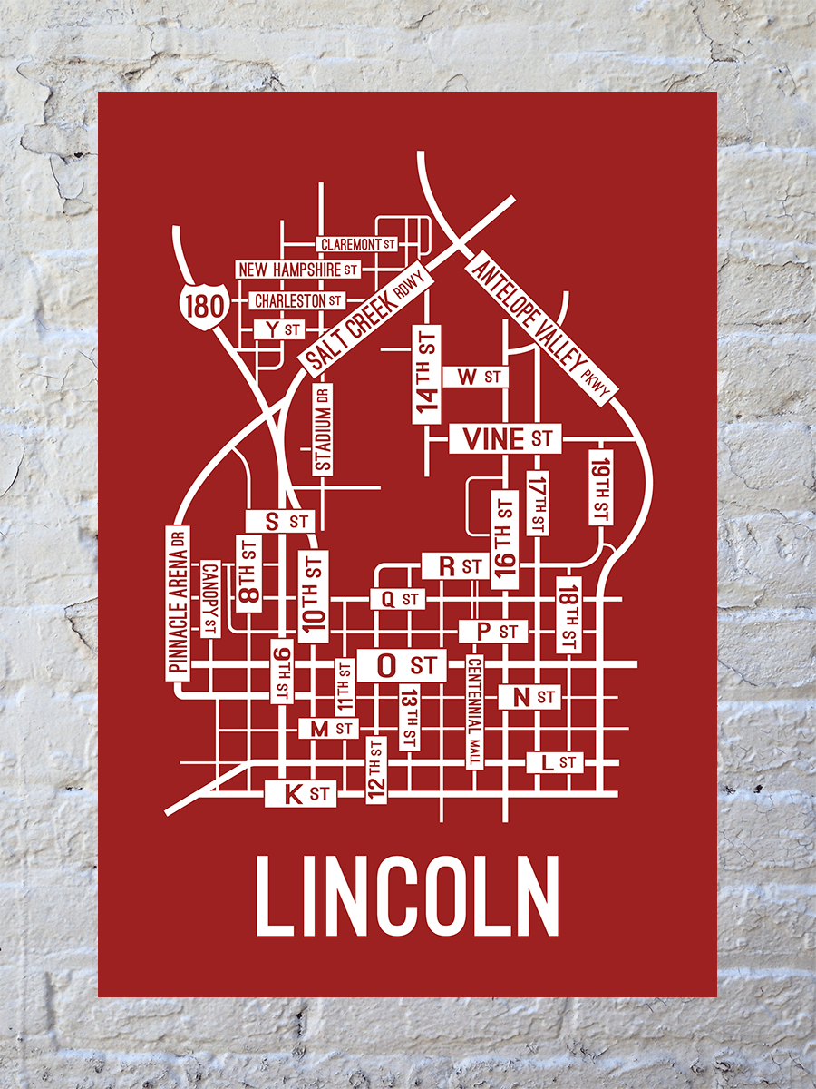 Lincoln, Nebraska Street Map Screen Print - School Street Posters