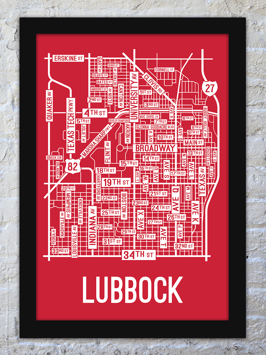 Lubbock, Texas Street Map Screen Print