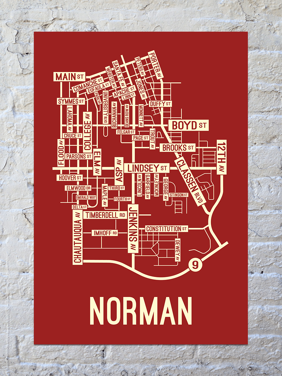 Norman, Oklahoma Street Map Print - School Street Posters