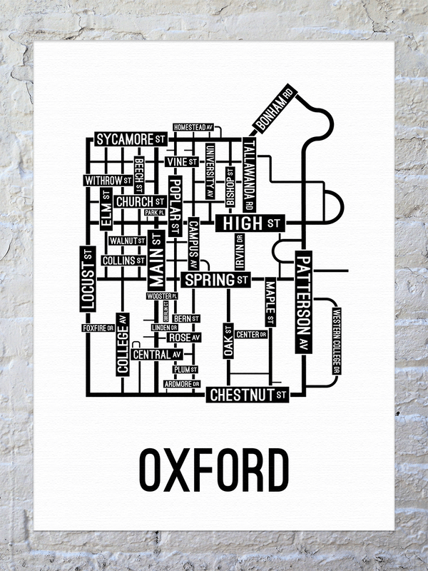 Oxford, Ohio Street Map Canvas College Town Maps School Street Posters