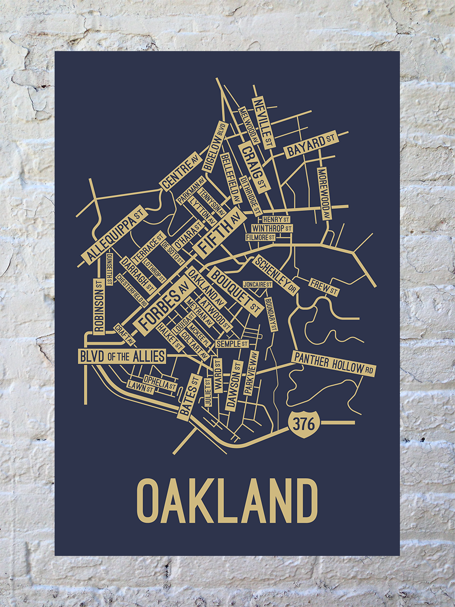 Oakland Pittsburgh Street Map Screen Print School Street Posters   Pittsburgh Oakland College Town Map Blue 1600x 