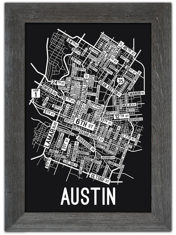 Austin, Texas Street Map Screen Print - School Street Posters