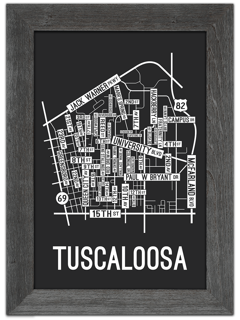 Tuscaloosa, Alabama Street Map Screen Print - School Street Posters
