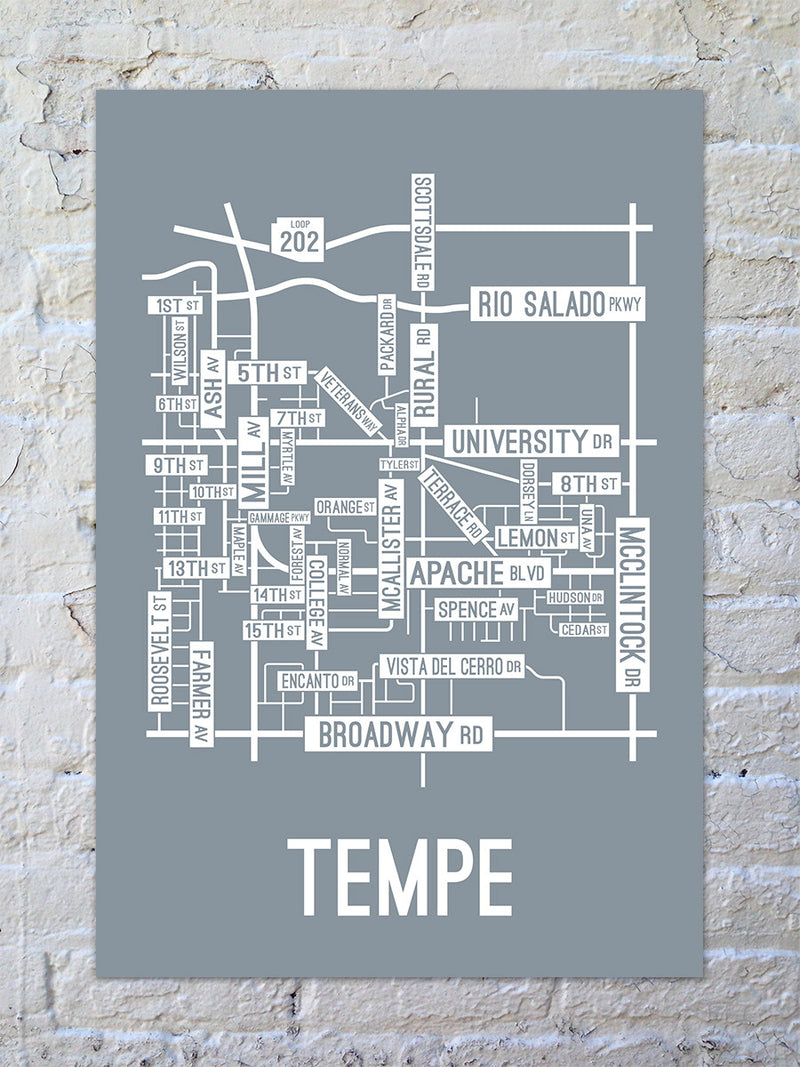 Tempe, Arizona Street Map Screen Print - School Street Posters