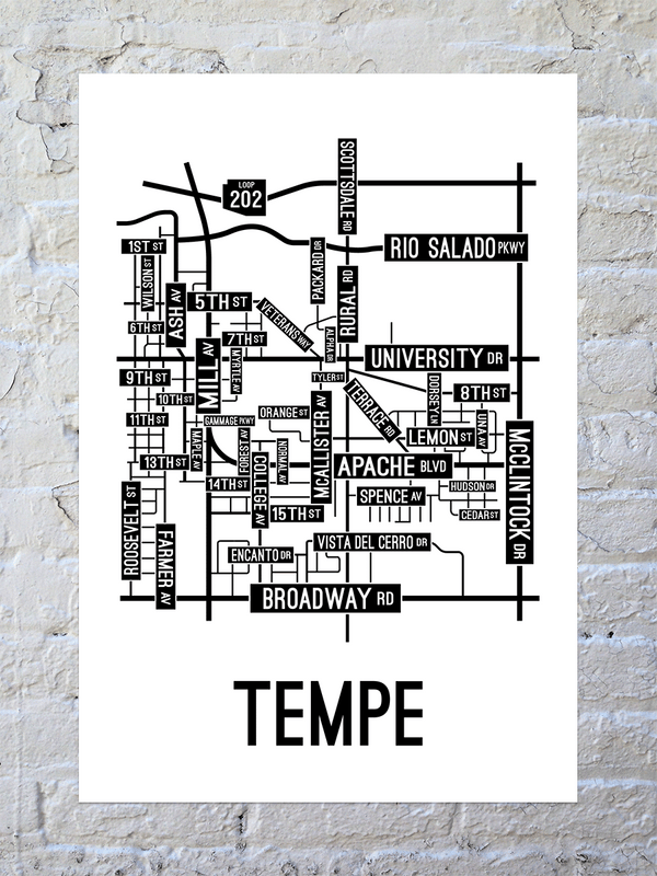 Tempe, Arizona Street Map Screen Print - School Street Posters